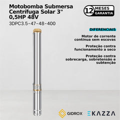 Motobomba Sub. Centrífuga Solar 3" 3DPC3.5-47-48-400 0,5HP 48V - Gidrox