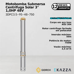 Motobomba Sub. Centrífuga Solar 3" 3DPC3.5-95-48-750 1,0HP 48V - Gidrox
