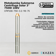Motobomba Sub. Centrífuga Solar 3" CPIP108-750-3.2-98-75 750W 108V - Gidrox