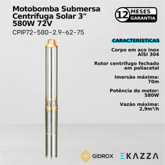 Motobomba Sub. Centrífuga Solar 3" CPIP72-580-2.9-62-71 580W 72V - Gidrox