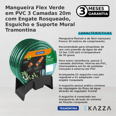 Mangueira Flex PVC 3 Cam 20m c/ Engate Esguicho Sup Mural - Tramontina