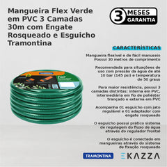 Mangueira Flex PVC 3 Cam 30m c/ Engate Rosqueado Esguicho - Tramontina