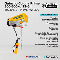 Guincho Coluna Prime 300-600kg 12-6m V2 220V Mono - Menegotti