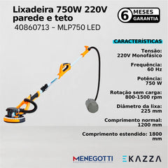 Lixadeira parede e teto MLP750 LED 750W 220V Mono - Menegotti