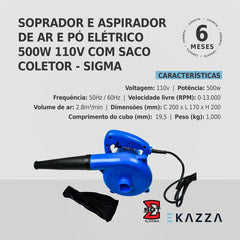Soprador Aspirador de Ar e Pó 500W 220V c/ Saco Coletor Sigma