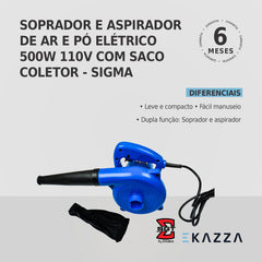 Soprador Aspirador de Ar e Pó 500W 220V c/ Saco Coletor Sigma